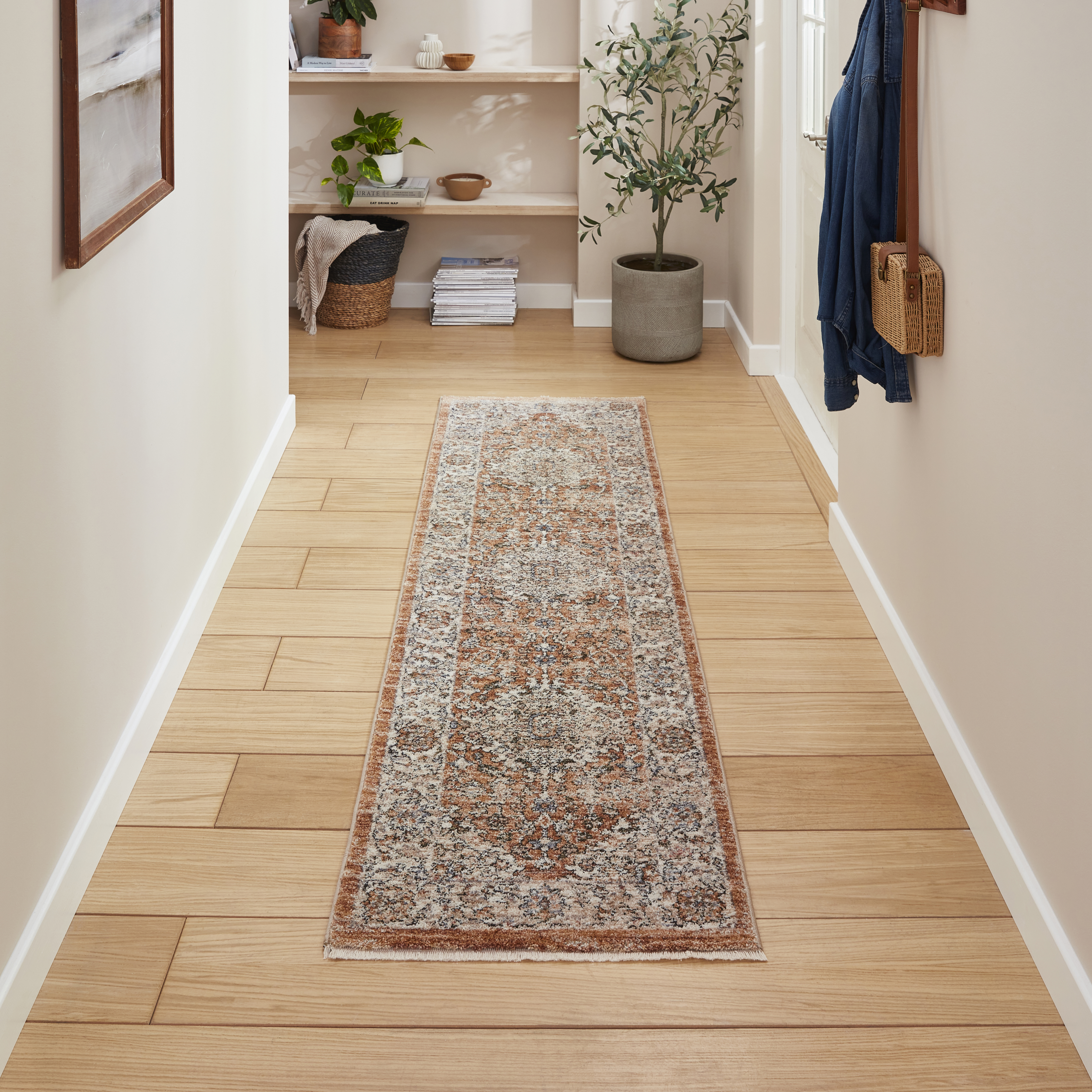 Vintage 35013 Traditional Medallion Border Runner Rugs In Terracotta Orange